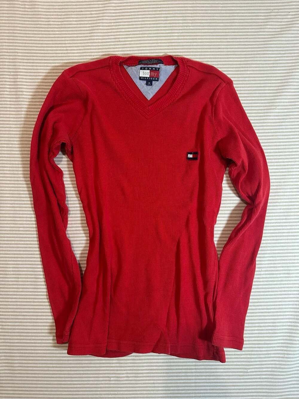 Vintage Tommy Hilfiger Red Ribbed Thermal Long Sleeve V-Neck Shirt